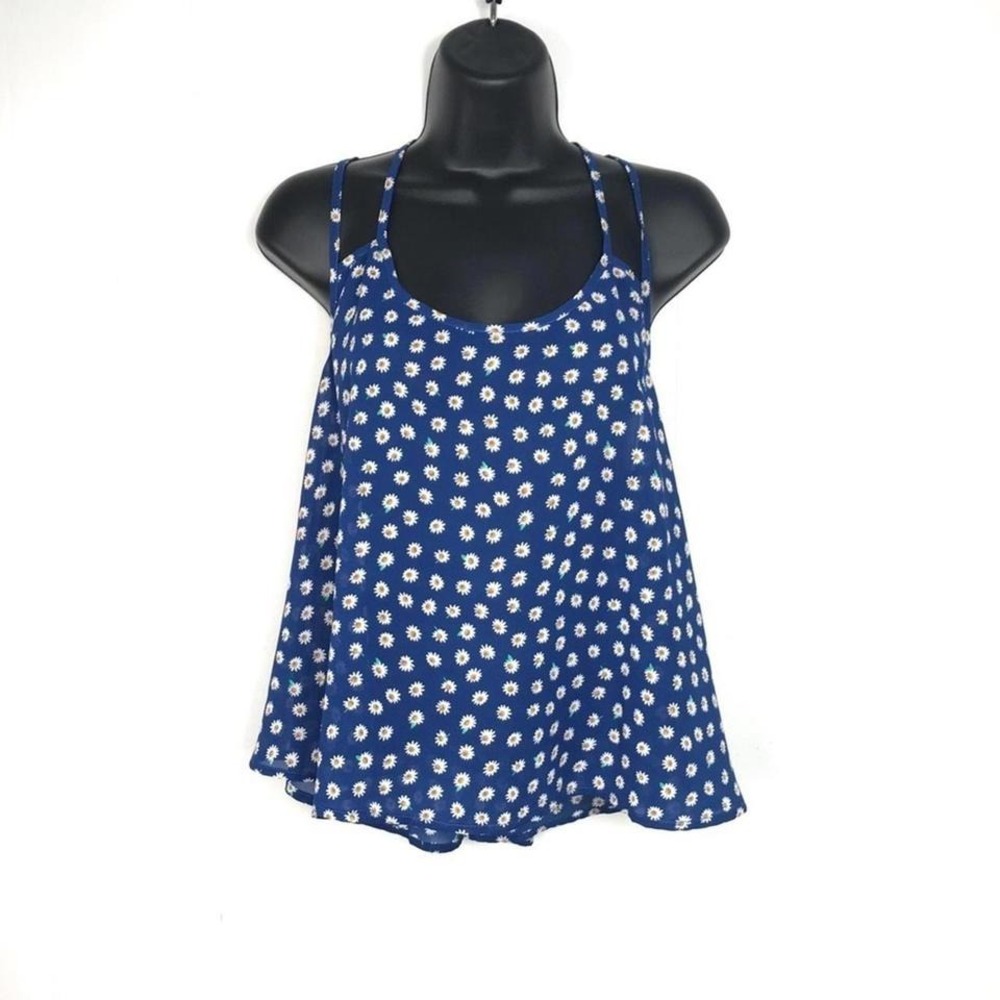 Blue Daisy Print High Low‎ Halter Tank Top